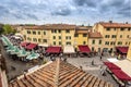 View at the market area in historical Pisa town from the city wall