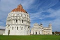 Pisa, Italy. September 18, 2923. The baptisterium, the duoma, cathedral and the leaning tower of Pisa. Royalty Free Stock Photo