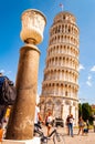 Low angle perspective view on the famous leaning Tower of Pisa or La Torre di Pisa at the Cathedral Square, Piazza del Duomo Royalty Free Stock Photo
