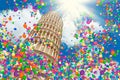 Pisa leaning tower Italy low angle, air balloons Royalty Free Stock Photo