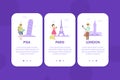 Pisa, Paris, London, Mobile App Page Onboard Screen Set, Website or Web Page Vector Illustration