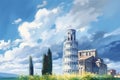 Pisa tower painting on scenic sky view. Generate ai