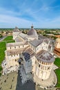 Pisa Tuscany Italy. Aerial view of Piazza dei Miracoli. Baptistry, Cathedral and the shadow of the Leaning Royalty Free Stock Photo