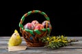 Pisanky in a wicker basket with green branch on a wooden table. Easter eggs on a wooden table. A busket with holiday