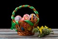 Pisanky in a wicker basket with green branch on a wooden table. Easter eggs on a wooden table. Painted eggs for Easter