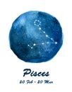 Pisces constellation icon of zodiac sign Pisces in cosmic stars space. Blue starry night sky inside circle background. Royalty Free Stock Photo