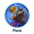 Pisces metal ox year horoscope zodiac sign isolated. Digital art illustration of chinese new year symbol, astrology