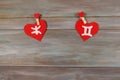 Pisces and twins. signs of the zodiac and heart. wooden backgrou