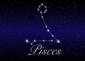 Pisces zodiac constellations sign on beautiful starry sky with galaxy and space behind. Fish sign horoscope symbol constellation Royalty Free Stock Photo