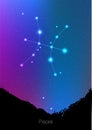 Pisces zodiac constellations sign with forest landscape silhouette on beautiful starry sky with galaxy and space behind