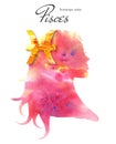 Pisces zodiac sign. Beautiful girl silhouette. Watercolor illustration. Horoscope series.
