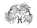 Pisces zodiac sign, boho line tattoo, two beautiful fish and astrology symbol with stars. Vector engraving stylization