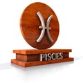 Pisces zodiac sign. 3D illustration of the zodiac sign Pisces made of stone on a wooden stand with the name of the sign at the bas