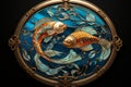 Pisces zodiac sign, fish astrological design, astrology horoscope symbol of February March month background with cosmic animal in