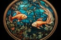 Pisces zodiac sign, fish astrological design, astrology horoscope symbol of February March month background with cosmic animal in