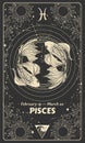 Pisces zodiac sign, vintage hand drawing, graphic modern astrology card, horoscope on black background with sun and moon Royalty Free Stock Photo