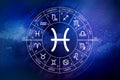 Pisces zodiac sign. Zodiac circle on a dark blue background of the space. Astrology
