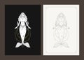 Pisces zodiac woman goddess mermaid celestial character line art deco poster design set vector Royalty Free Stock Photo