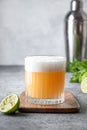 Pisco sour cocktail. Whiskey with lime, egg white, syrup in glass on grey table. Vertical shot Royalty Free Stock Photo