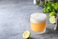Pisco sour Whiskey sour cocktail - bourbon with lemon juice, sugar syrup and egg white in glass. Vertical orientation Royalty Free Stock Photo