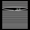 Black cat with green eyes behind white blinds