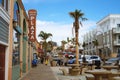 Pismo Beach Pier plaza. Shops, restaurants, walking people, downtown of city, city life