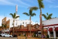 Pismo Beach Pier plaza. Shops, restaurants, walking people, downtown of city, city life