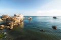 Pismo Beach Cliffs and Flock of Birds. Kayaking around the Rocks. California Coastline Royalty Free Stock Photo