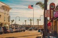 Pismo Beach Pier plaza. Shops, restaurants, traffic, walking people, downtown of city, city life