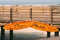 Pismo Beach sign on wooden boardwalk. Pismo Beach pier, California Royalty Free Stock Photo