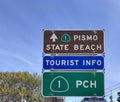 Pismo State Beach. Tourist Info. PCH - Pacific State Highway directional road signs