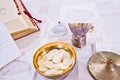 Pisside and chalice contain wine and hosts on the altar of the m Royalty Free Stock Photo