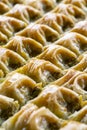 Pistachio baklava. Close-up pistachio baklava. Turkish baklava dessert. Story format Royalty Free Stock Photo