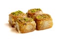 Pistachio baklava dessert isolated on white background. Turkish sweet dessert. Close up Royalty Free Stock Photo