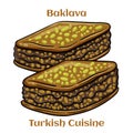 Pistachio baklava dessert. Traditional Middle Eastern Flavors. Traditional Turkish baklava. Vector illustration