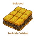 Pistachio baklava dessert. Traditional Middle Eastern Flavors. Traditional Turkish baklava. Vector illustration