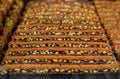 Pistachio ballorieh layered baklava, Turkish dessert at a shop, Istanbul, Turkey Royalty Free Stock Photo