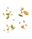 pistachio, cashew nuts and almonds full and chopped nuts isolated on white background wit cutout Royalty Free Stock Photo