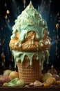 Pistachio Cream ice cream in a cone. 3d illustration