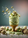 Delicious pistachio gelato, ice cream, floating in the air, sweet Italian dessert, cinematic ads