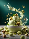 Delicious pistachio gelato, ice cream, floating in the air, sweet Italian dessert, cinematic ads