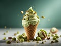Pistachio gelato ice cream, floating, delicious refreshing treat flavored with pistachios, cinematic advertising photography