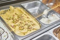 Pistachio Gelato. Flavors various ice cream in Rome, Italy. Italian gelateria. Assortment of colorful gelato on cafe Royalty Free Stock Photo