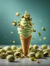 Pistachio gelato ice cream, floating, delicious refreshing treat flavored with pistachios, cinematic advertising photography