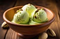 pistachio ice cream balls, ice cream with fresh nuts, summer refreshing dessert, wooden table