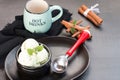 pistachio ice cream in a black waffle cone. Royalty Free Stock Photo