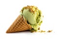 Pistachio ice cream cone on a white background Royalty Free Stock Photo