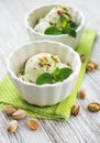 Pistachio ice cream and mint Royalty Free Stock Photo