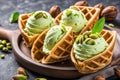 Pistachio Ice Cream Scoops with Waffles Nuts and Fresh Mint Royalty Free Stock Photo