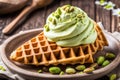 Pistachio Ice Cream Scoops with Waffles Nuts and Fresh Mint Royalty Free Stock Photo